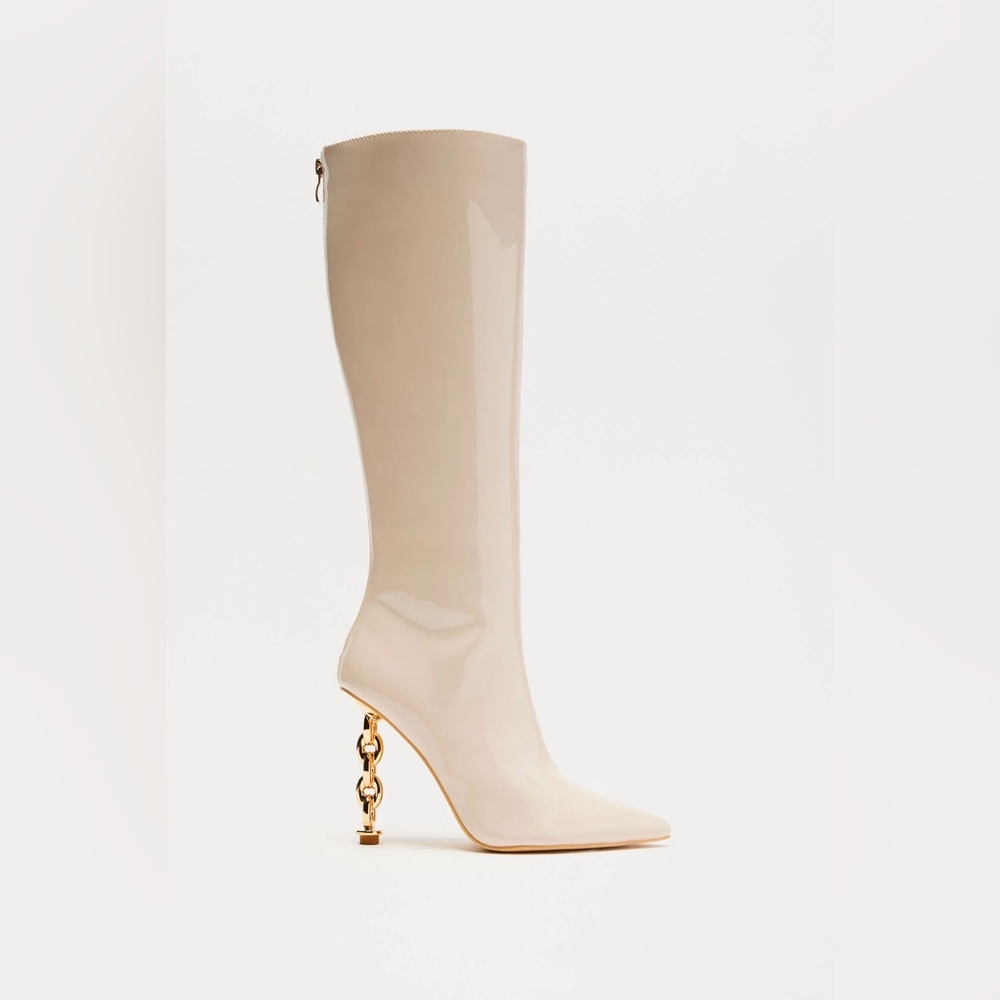 NEW Fashion Nova Cream Patent Knee-High Boots with Gold Chain Heel